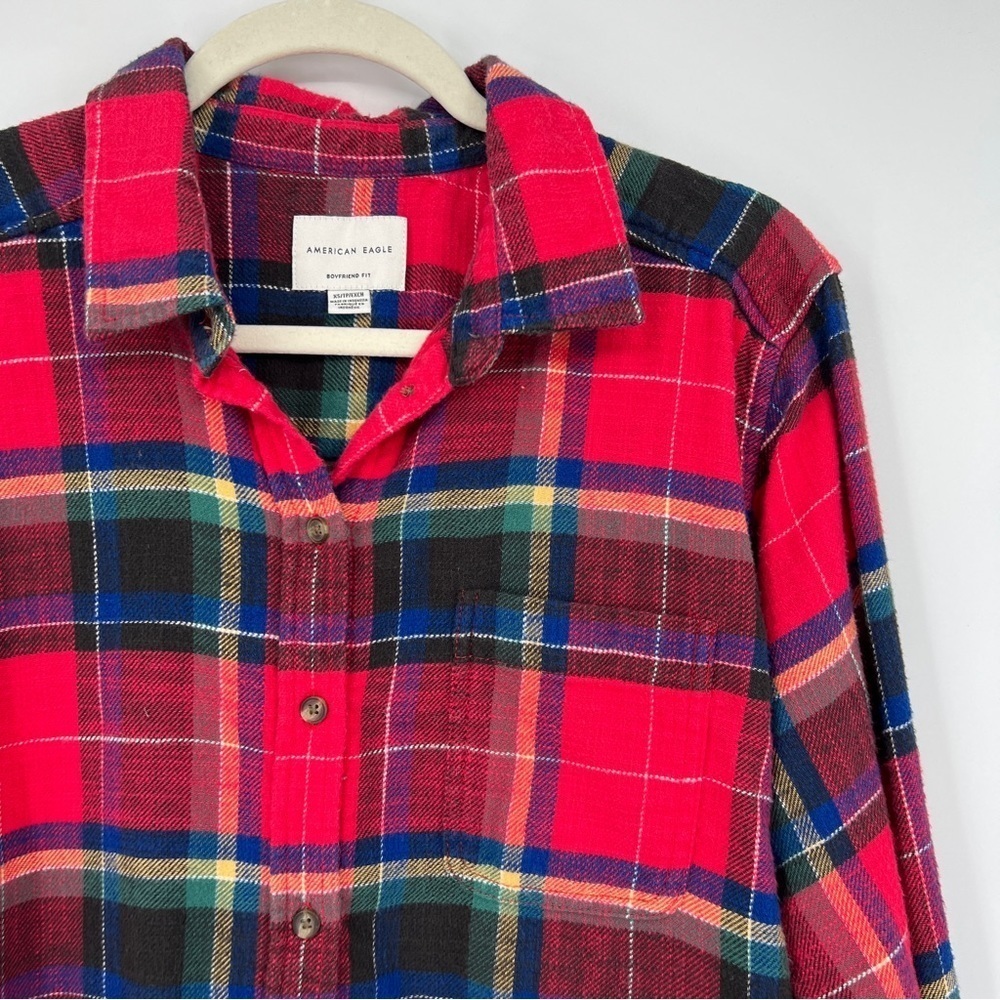 American Eagle Boyfriend Fit Striped Plaid Multi Collared Long Sleeves Shirt - Picture 1 of 8